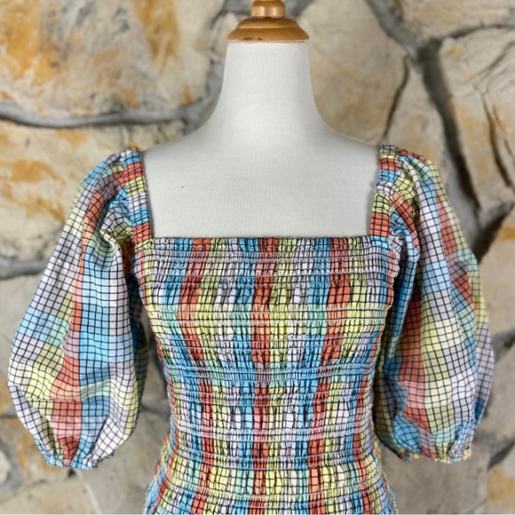 Ganni Puff Sleeve Smocked Top Pastel Rainbow Plaid | IT32, S - Picture 2 of 5